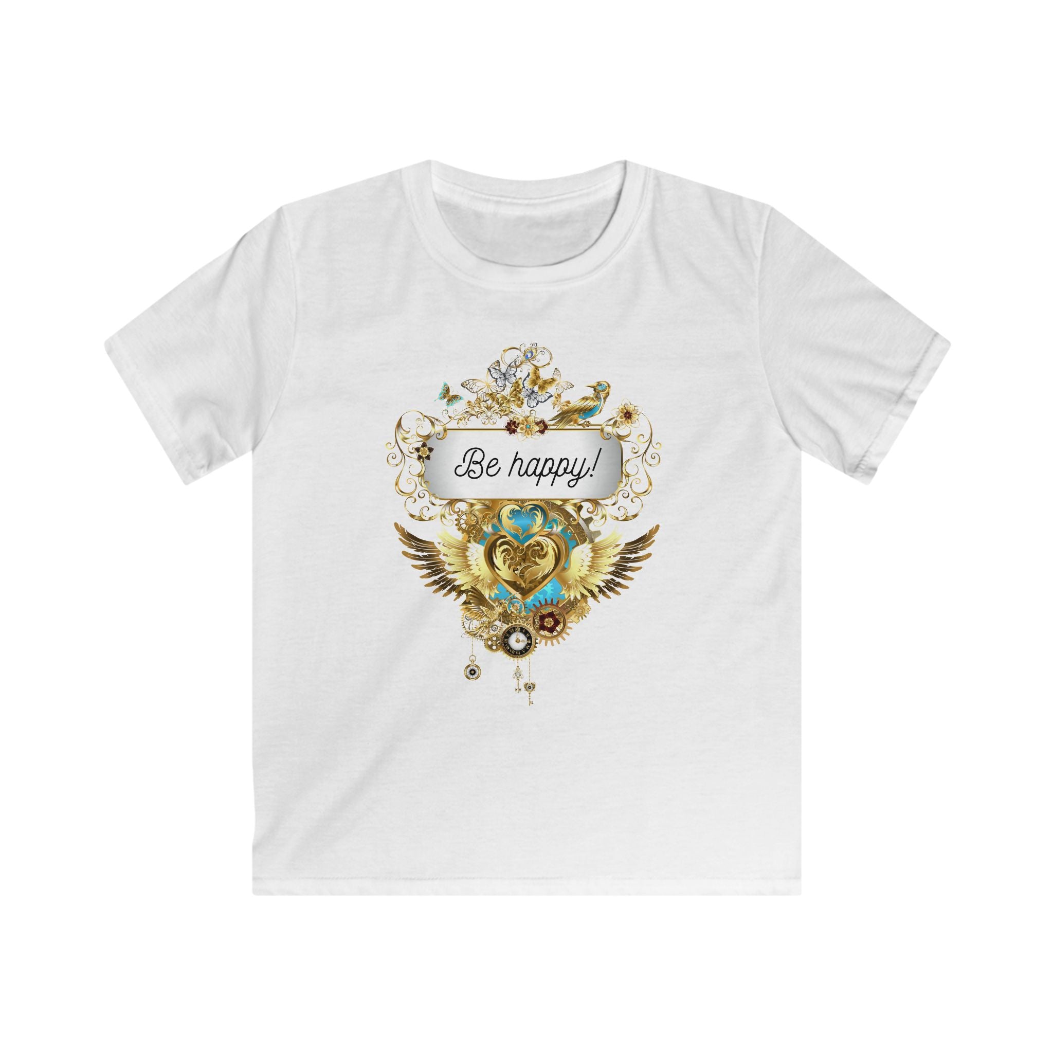 "Be Happy" Kids Softstyle T-Shirt in rosa und himmelblau