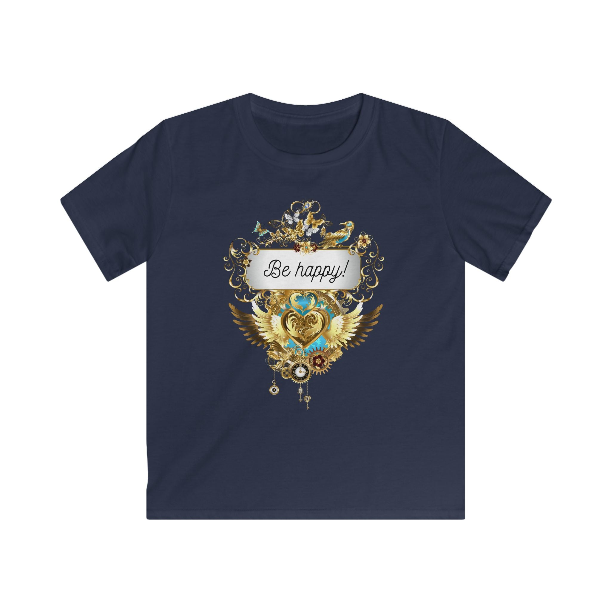 "Be Happy" Kids Softstyle T-Shirt in rosa und himmelblau
