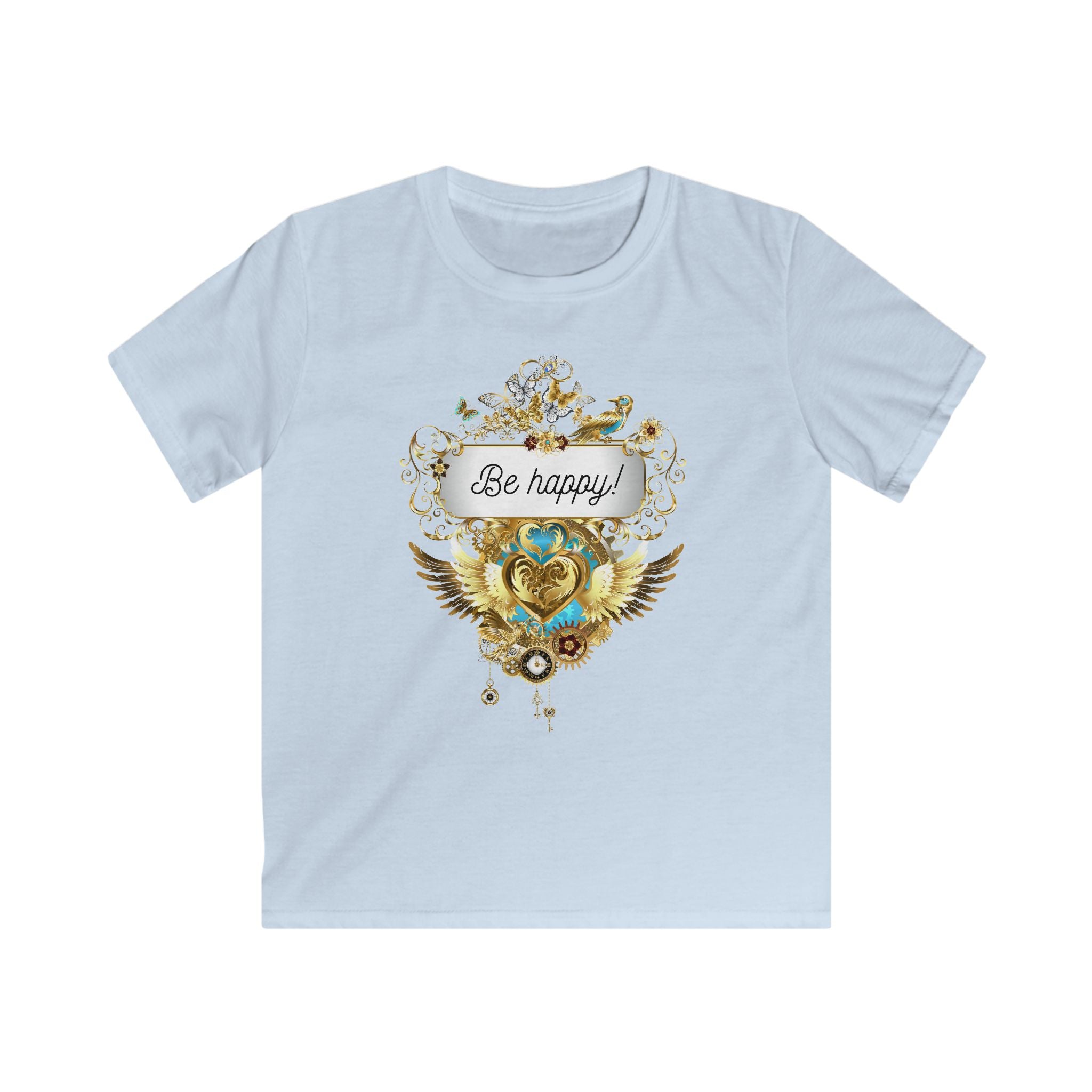 "Be Happy" Kids Softstyle T-Shirt in rosa und himmelblau