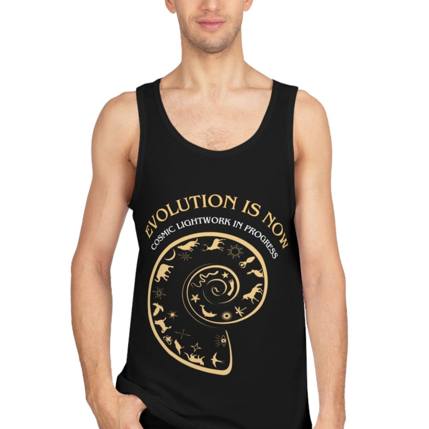 Schwarzes Tank Top mit Evolution is Now - Slogan in gelb, sowie einer Spirale mit Tieren, ebenfalls in gelb.