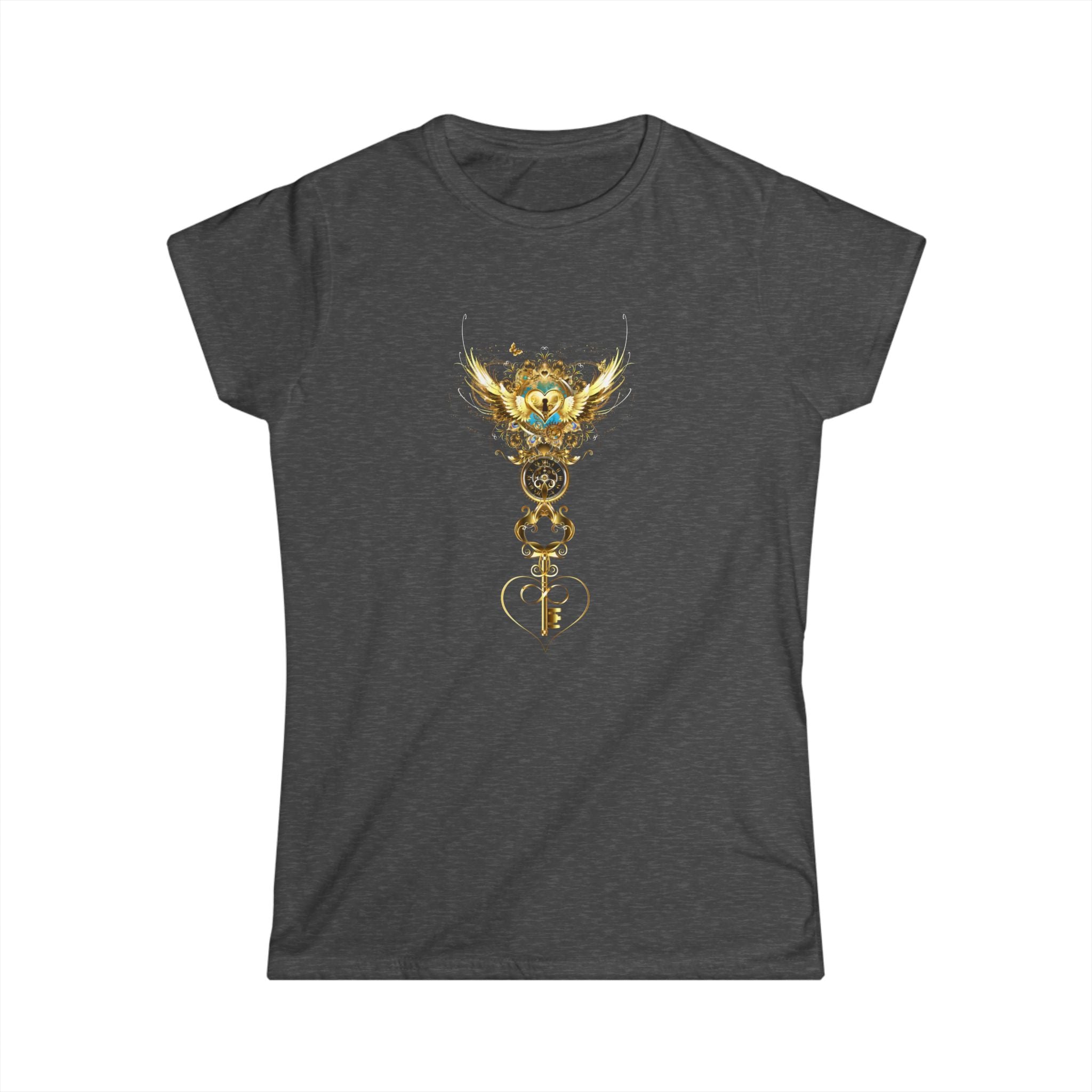 Golden Wing - Damen T-Shirt mit goldenem Schlüssel, Engelflügeln und zentralem Herzdesign - Divine DeSein