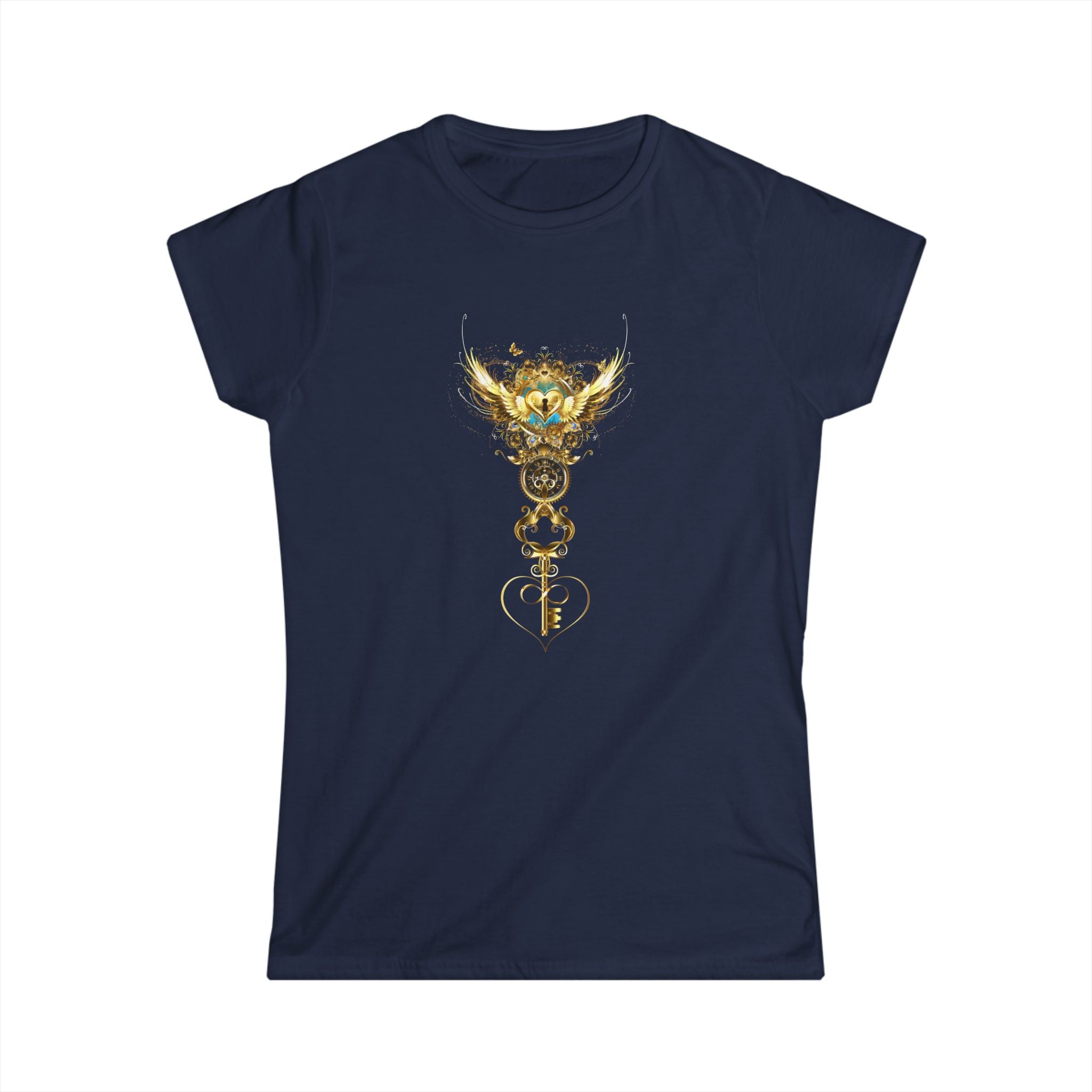 Golden Wing - Damen T-Shirt mit goldenem Schlüssel, Engelflügeln und zentralem Herzdesign - Divine DeSein