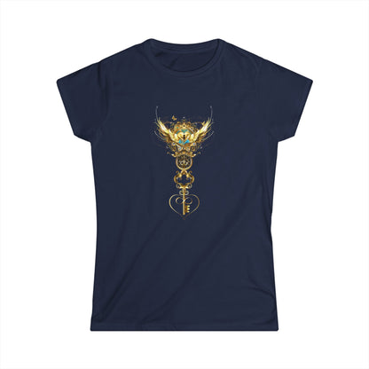 Golden Wing - Damen T-Shirt mit goldenem Schlüssel, Engelflügeln und zentralem Herzdesign - Divine DeSein