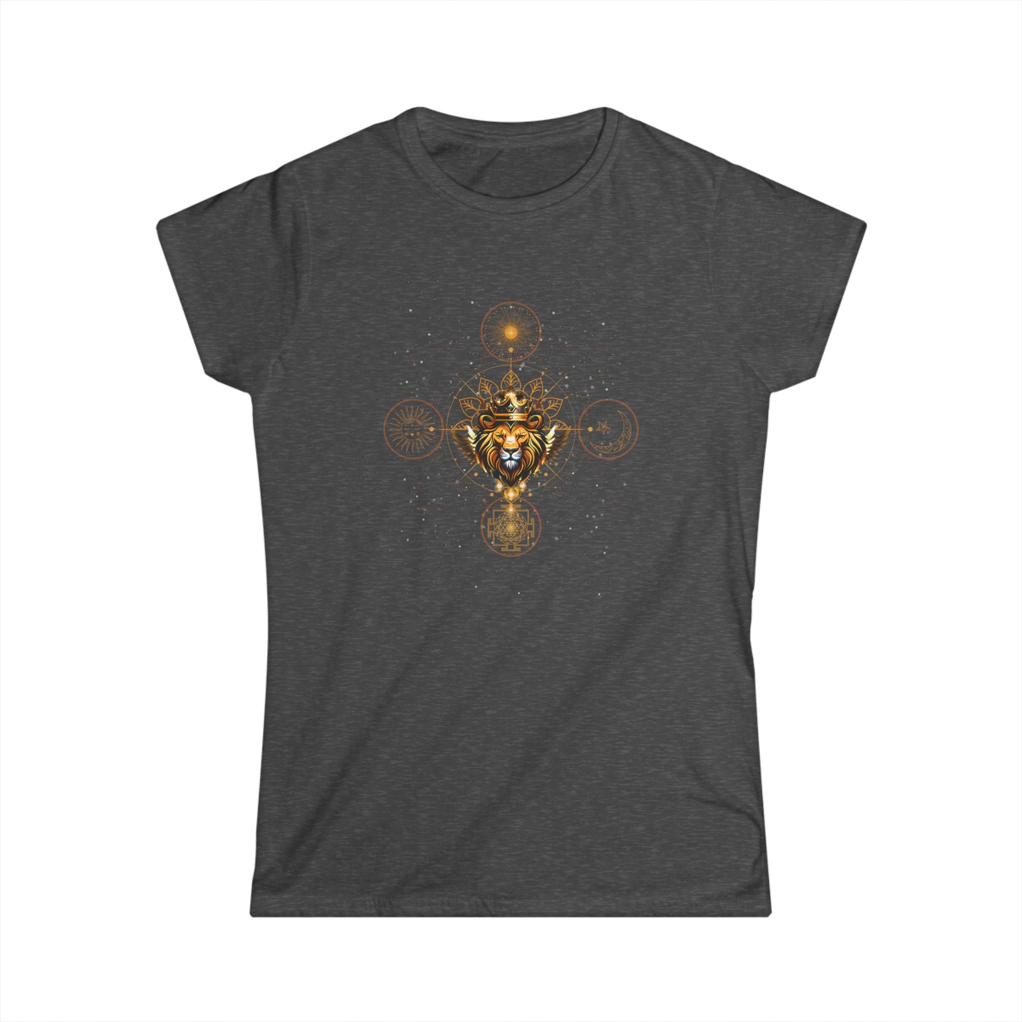 Lions Gate -  Goldener Löwe mit heiliger Geometrie & Sternen - Figurbetontes Frauen T-Shirt - Divine DeSein