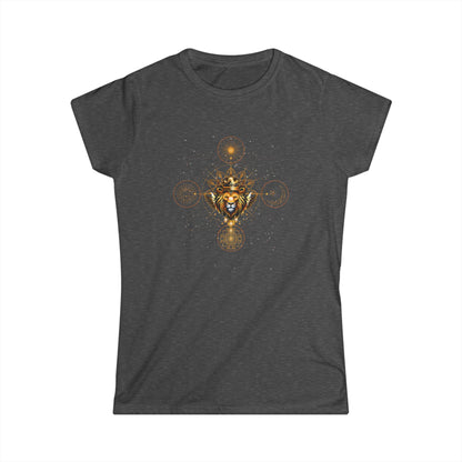Lions Gate -  Goldener Löwe mit heiliger Geometrie & Sternen - Figurbetontes Frauen T-Shirt - Divine DeSein