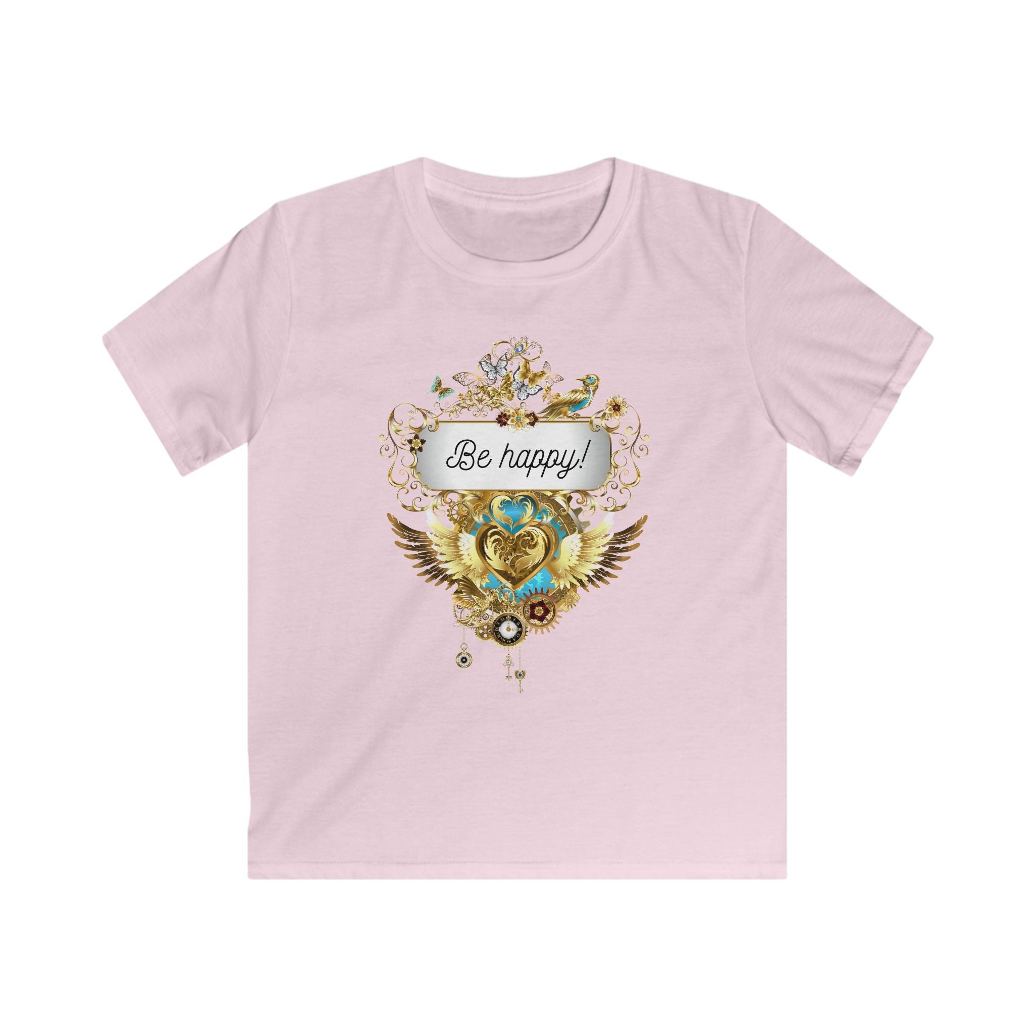 "Be Happy" Kids Softstyle T-Shirt in rosa und himmelblau