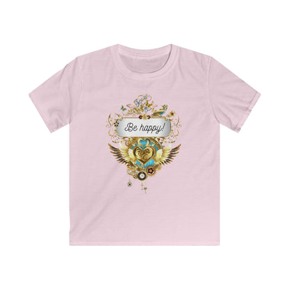 "Be Happy" Kids Softstyle T-Shirt in rosa und himmelblau