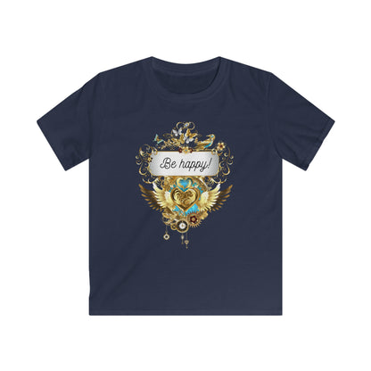 "Be Happy" Kids Softstyle T-Shirt in rosa und himmelblau