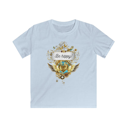 "Be Happy" Kids Softstyle T-Shirt in rosa und himmelblau