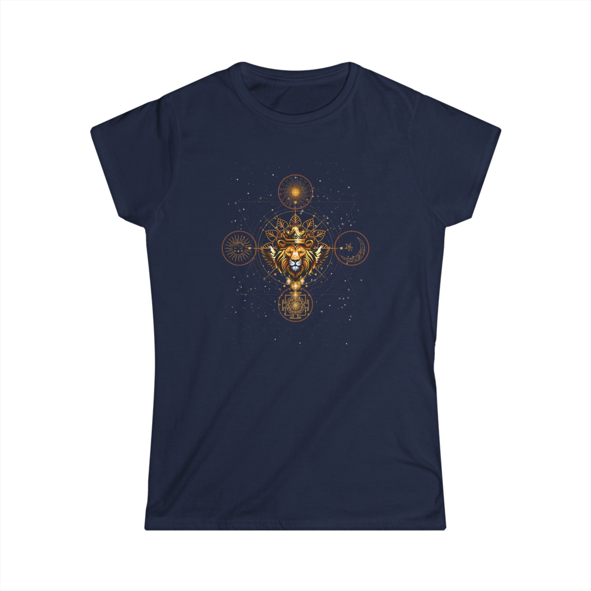 Lions Gate -  Goldener Löwe mit heiliger Geometrie & Sternen - Figurbetontes Frauen T-Shirt - Divine DeSein
