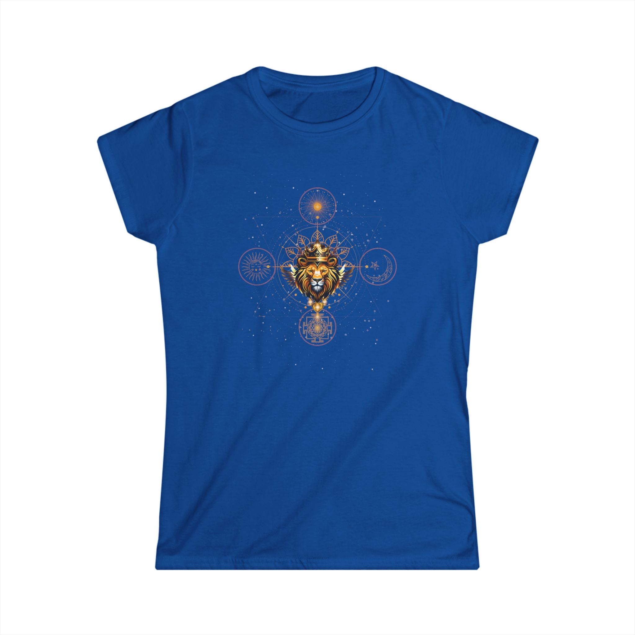Lions Gate -  Goldener Löwe mit heiliger Geometrie & Sternen - Figurbetontes Frauen T-Shirt - Divine DeSein