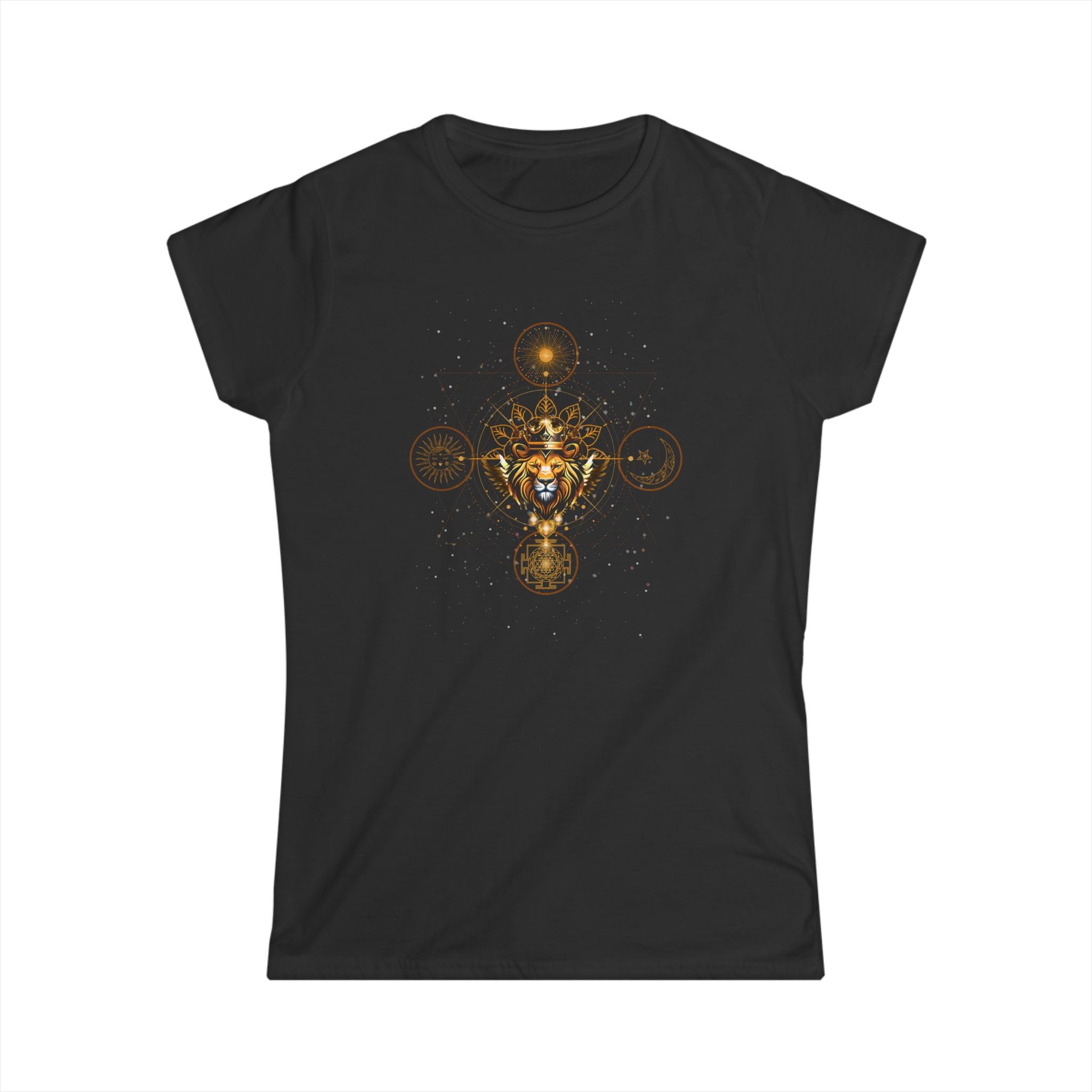 Lions Gate -  Goldener Löwe mit heiliger Geometrie & Sternen - Figurbetontes Frauen T-Shirt - Divine DeSein