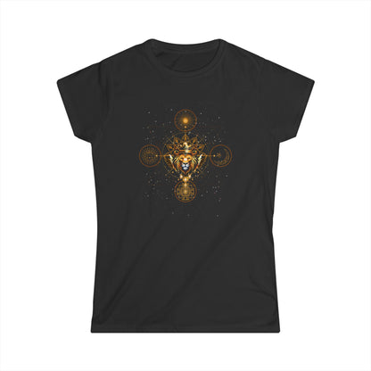 Lions Gate -  Goldener Löwe mit heiliger Geometrie & Sternen - Figurbetontes Frauen T-Shirt - Divine DeSein